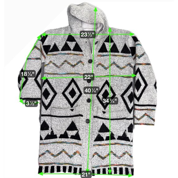 Northern Angel Hooded Cardigan Sweater L Acrylic Geometric Pattern Black/White - Picture 2 of 16